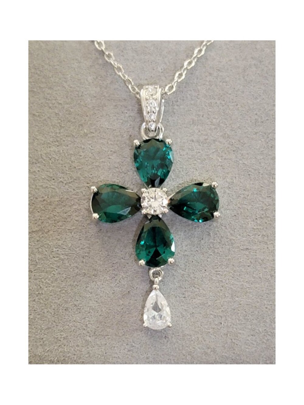 925 Sterling Silver Emerald Green Floral Cross Necklace CZ NWT